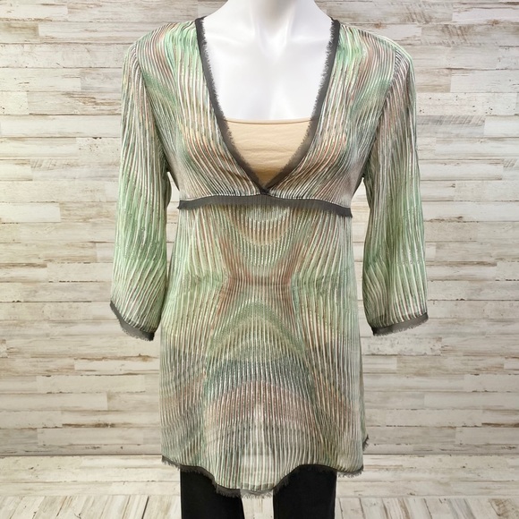 CAbi Tops - CAbi Sheer Striped Bell Sleeve Deep V Top Tunic M